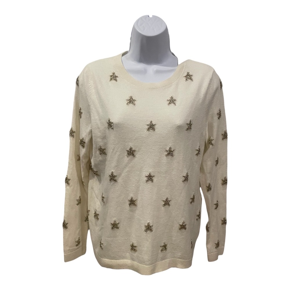 Talbots Womens Cream Gold Tinsel Star Embroidered Crewneck Sweater M Holiday - Picture 5 of 6
